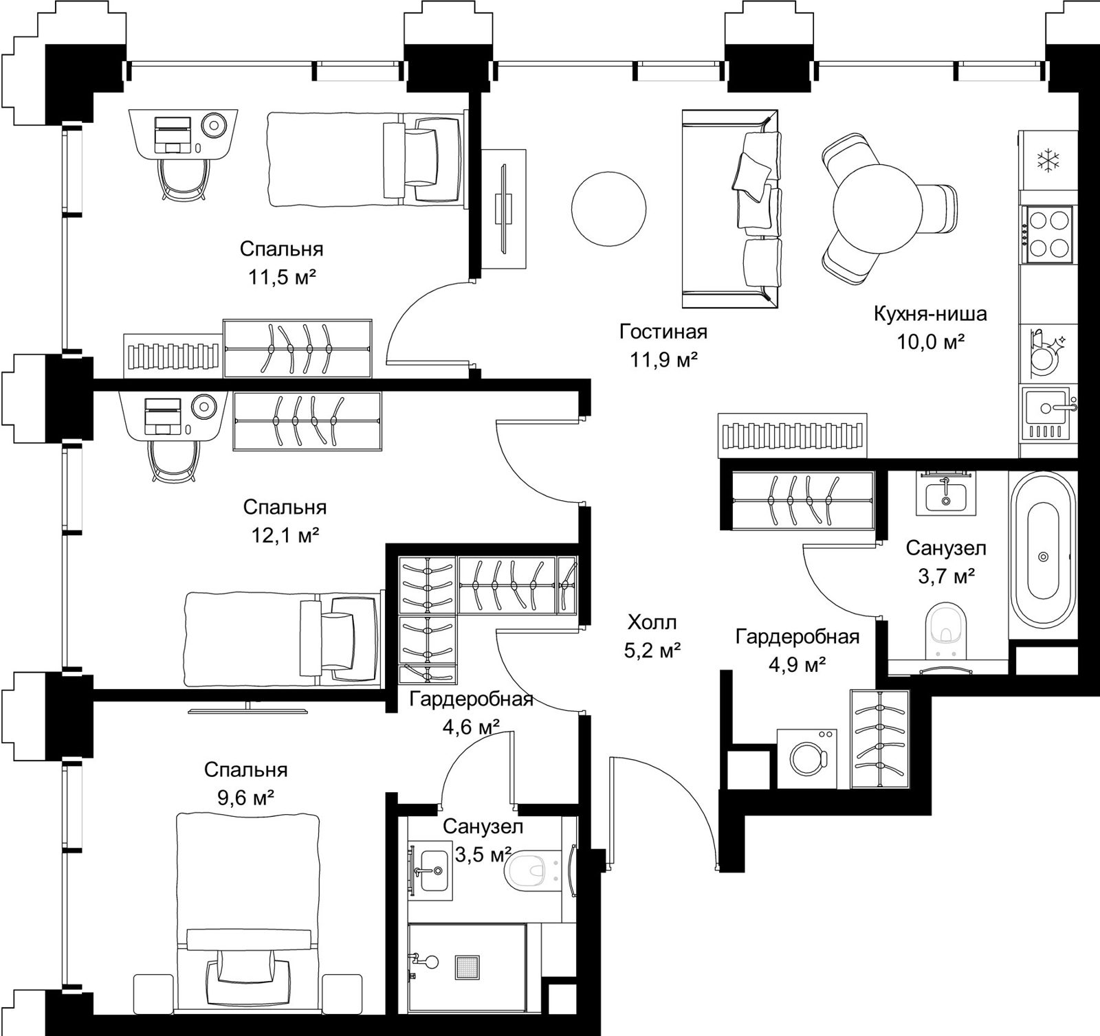 3-комнатная квартира, 77 м²
