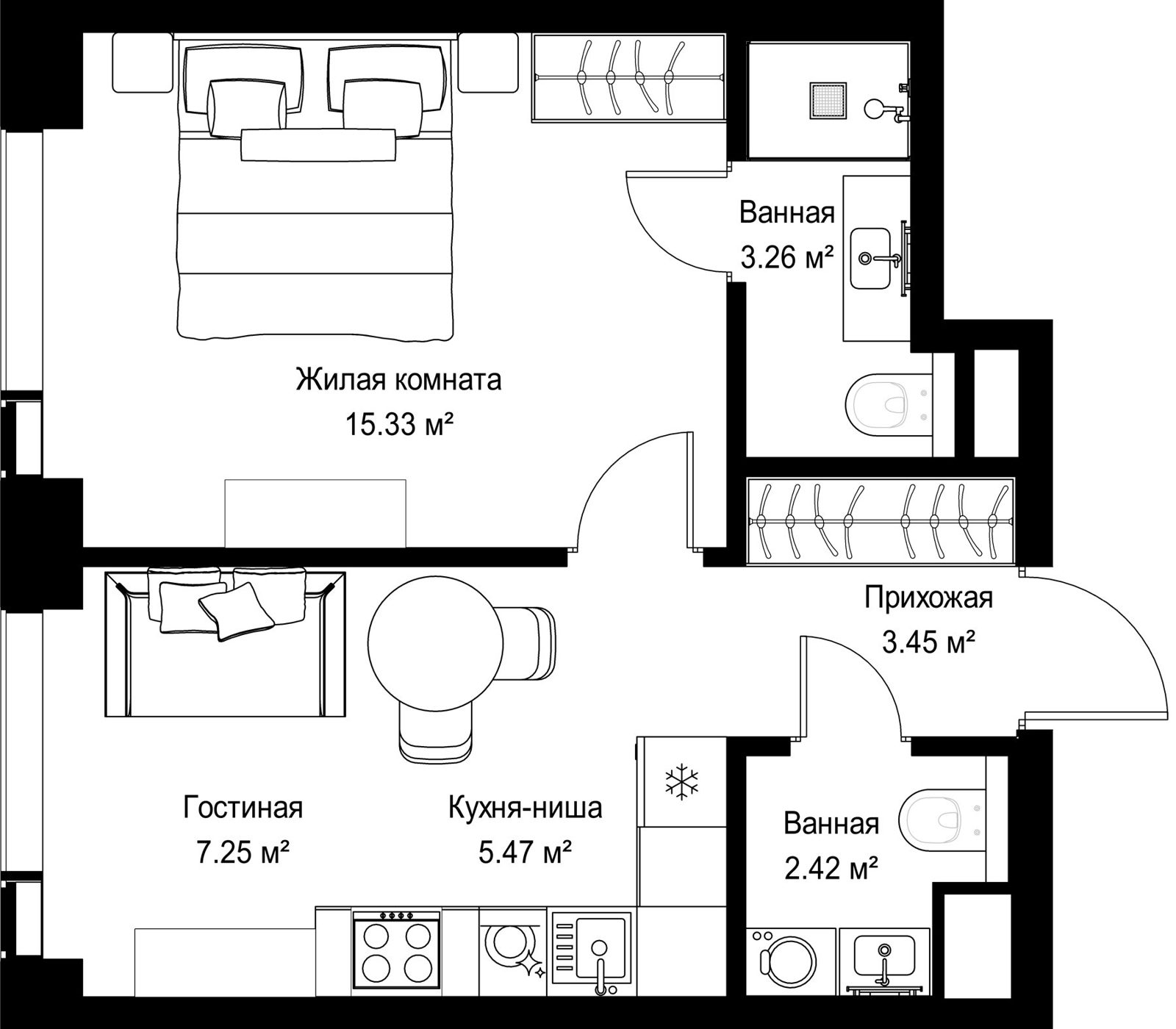 1-комнатная квартира, 37,2 м²