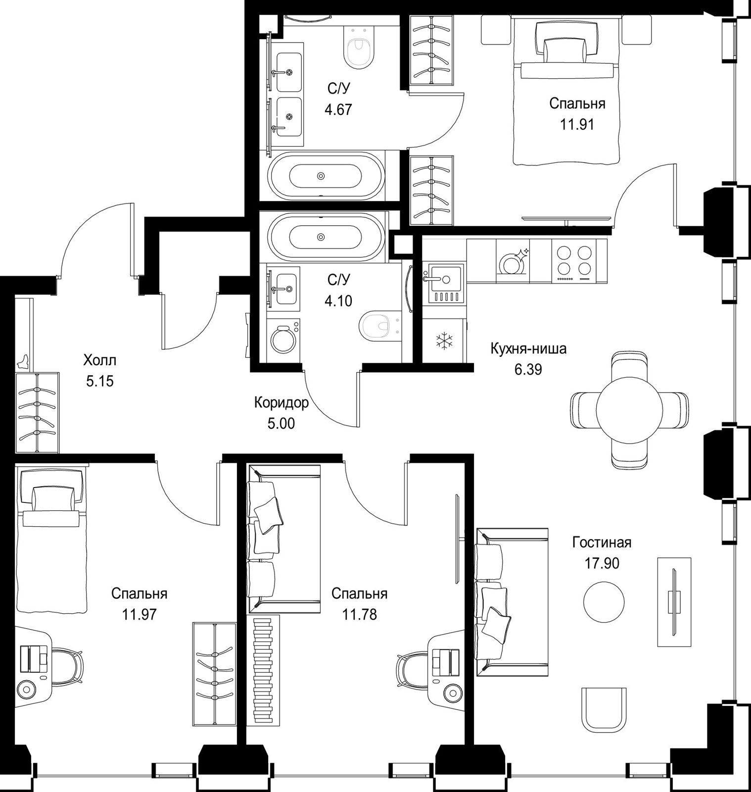 3-комнатная квартира, 79,6 м²