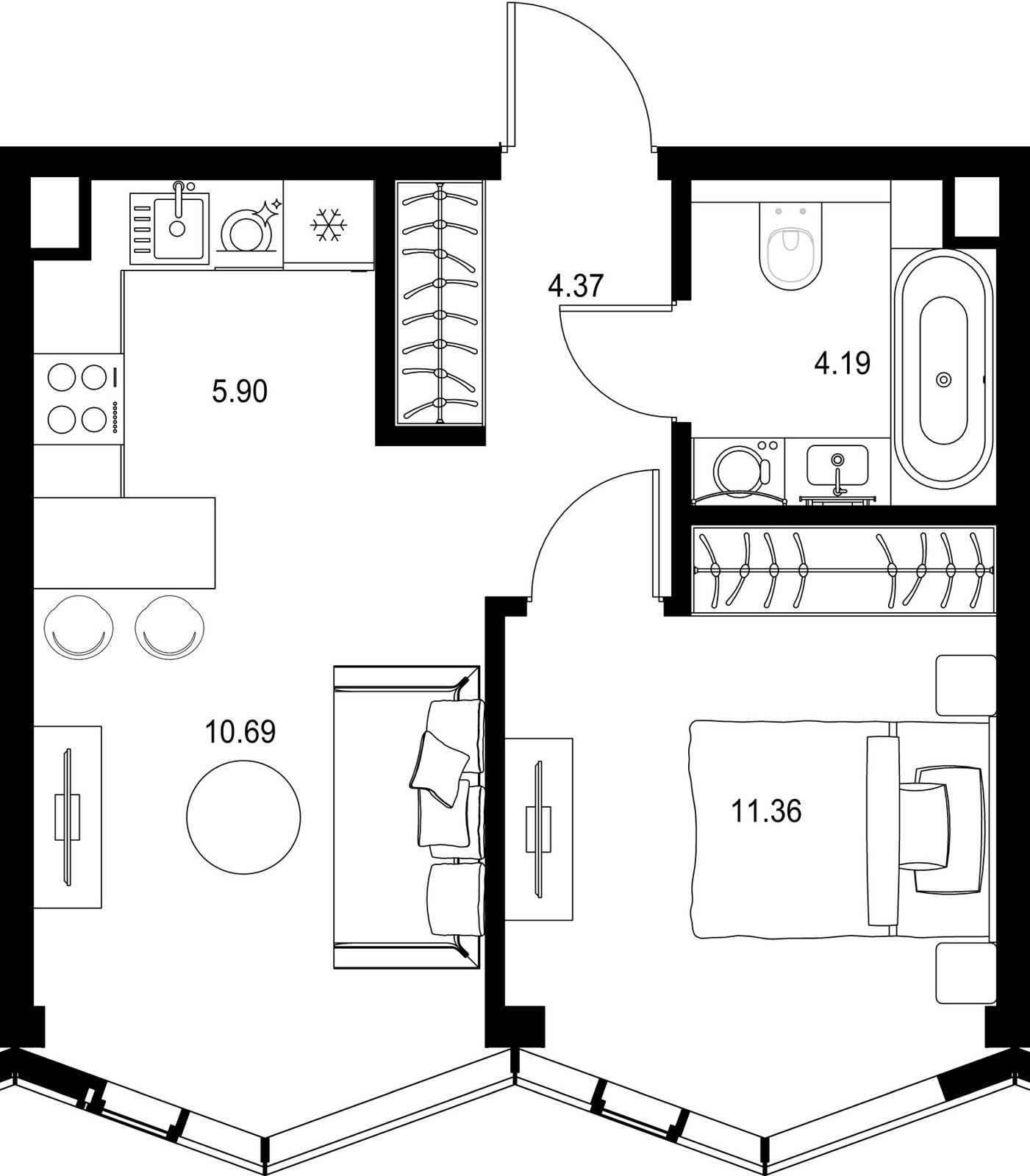 1-комнатная квартира, 36,5 м²