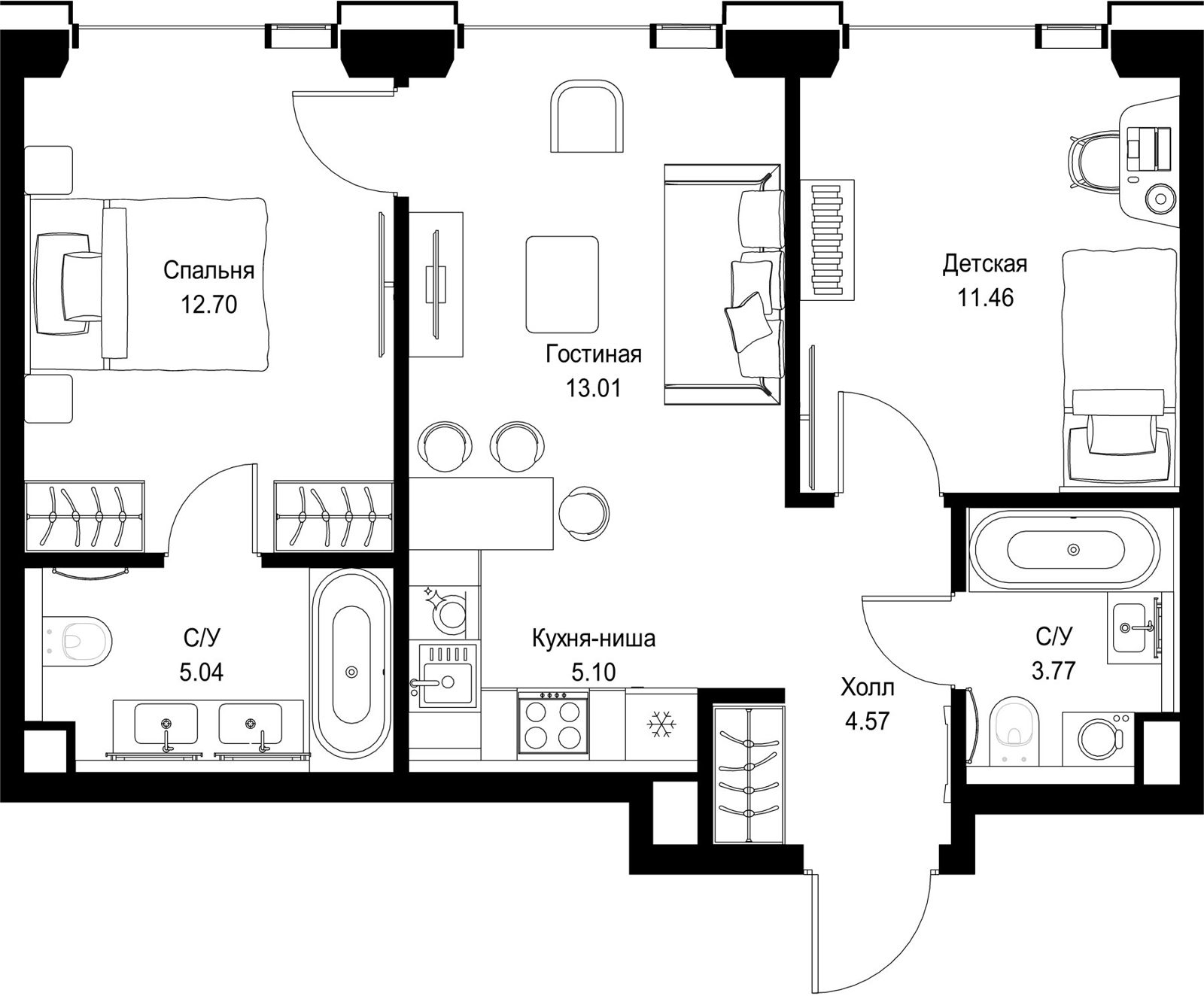 2-комнатная квартира, 55,6 м²