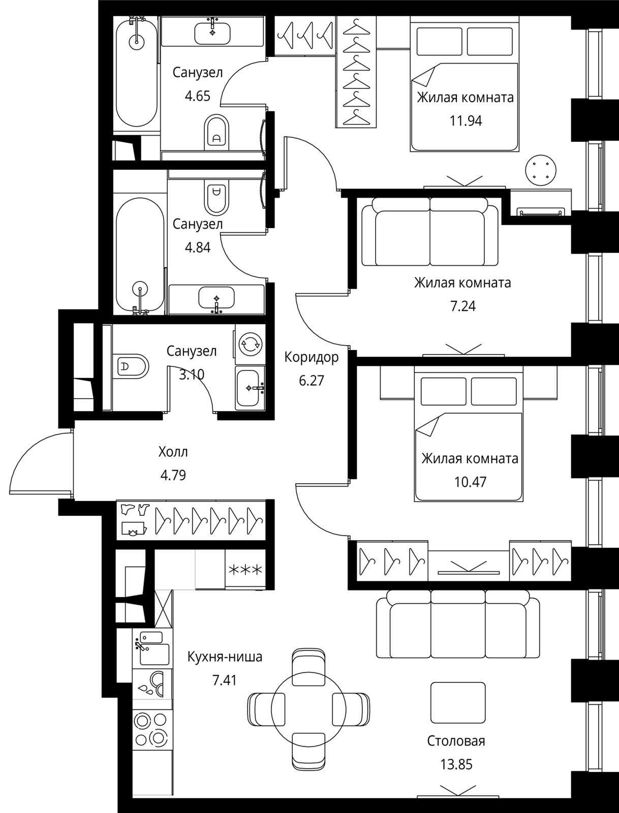 3-комнатная квартира, 74,6 м²