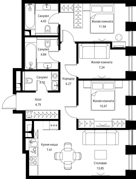 3-комнатная квартира, 74,6 м² — фото 1