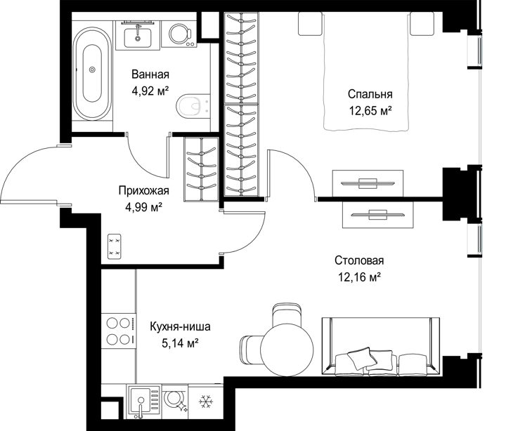 1-комнатная квартира, 39,9 м² — фото 2