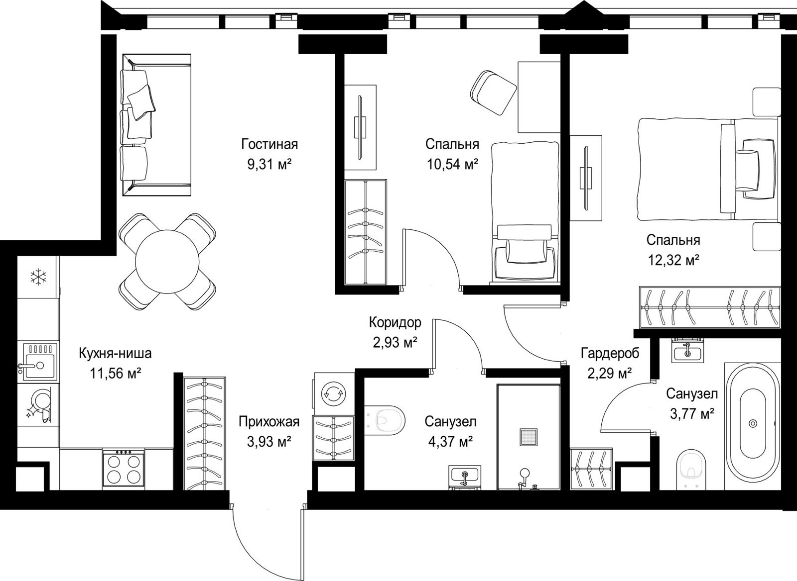 2-комнатная квартира, 61 м²