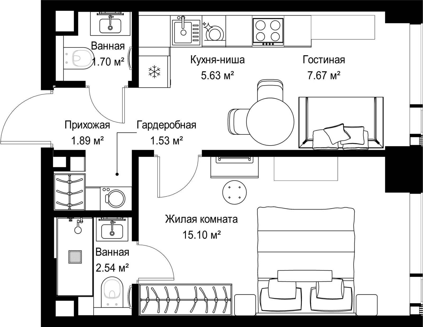 1-комнатная квартира, 36,1 м²