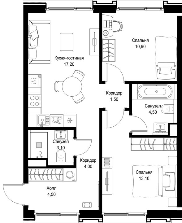 2-комнатная квартира, 58,8 м² — фото 1