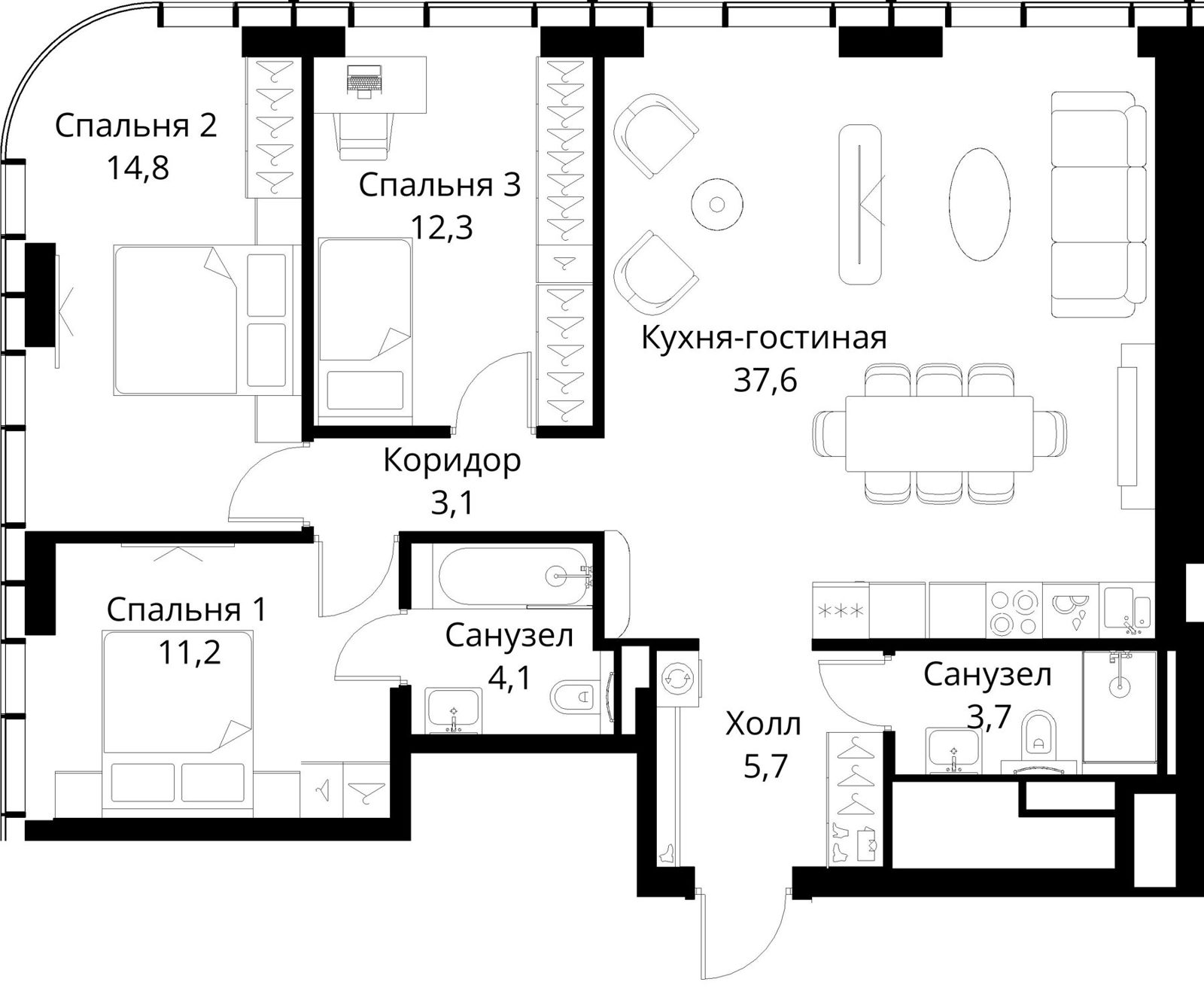 3-комнатная квартира, 92,5 м²
