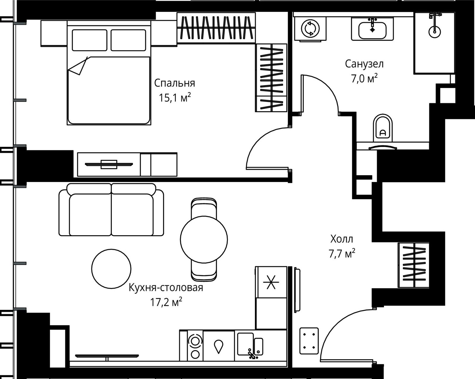 1-комнатная квартира, 47 м²
