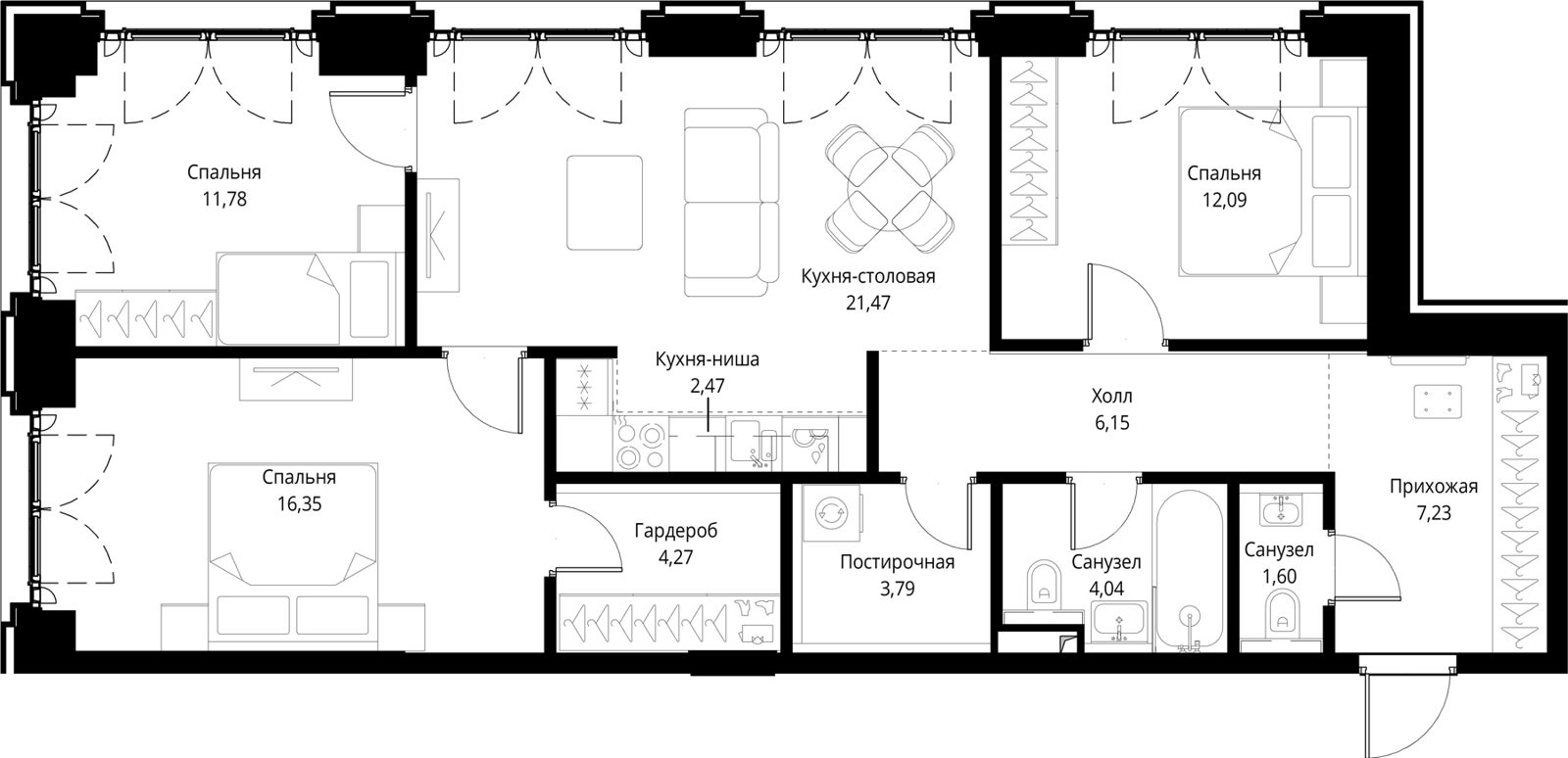 3-комнатная квартира, 91,2 м²