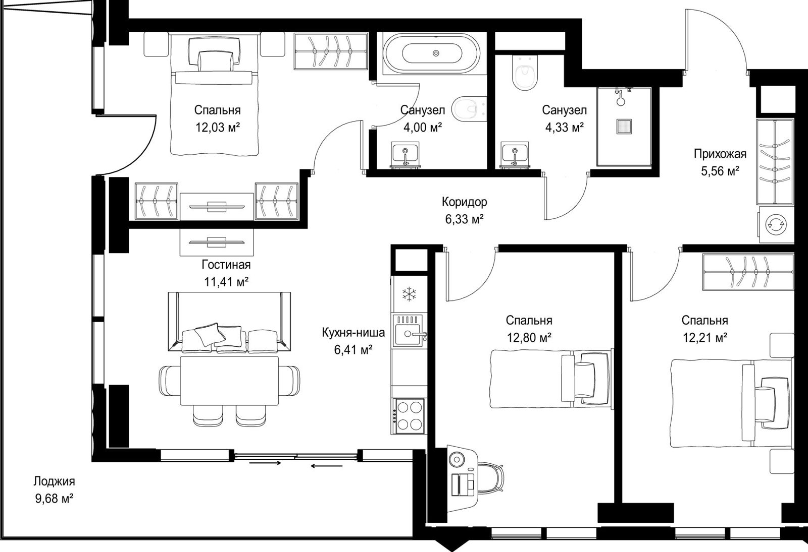 3-комнатная квартира, 84,8 м²