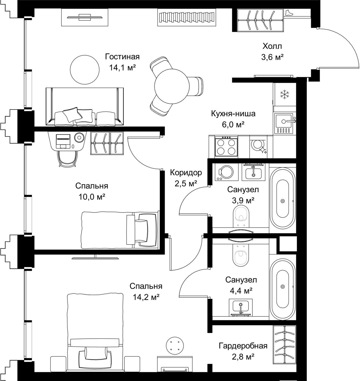 2-комнатная квартира, 61,5 м²