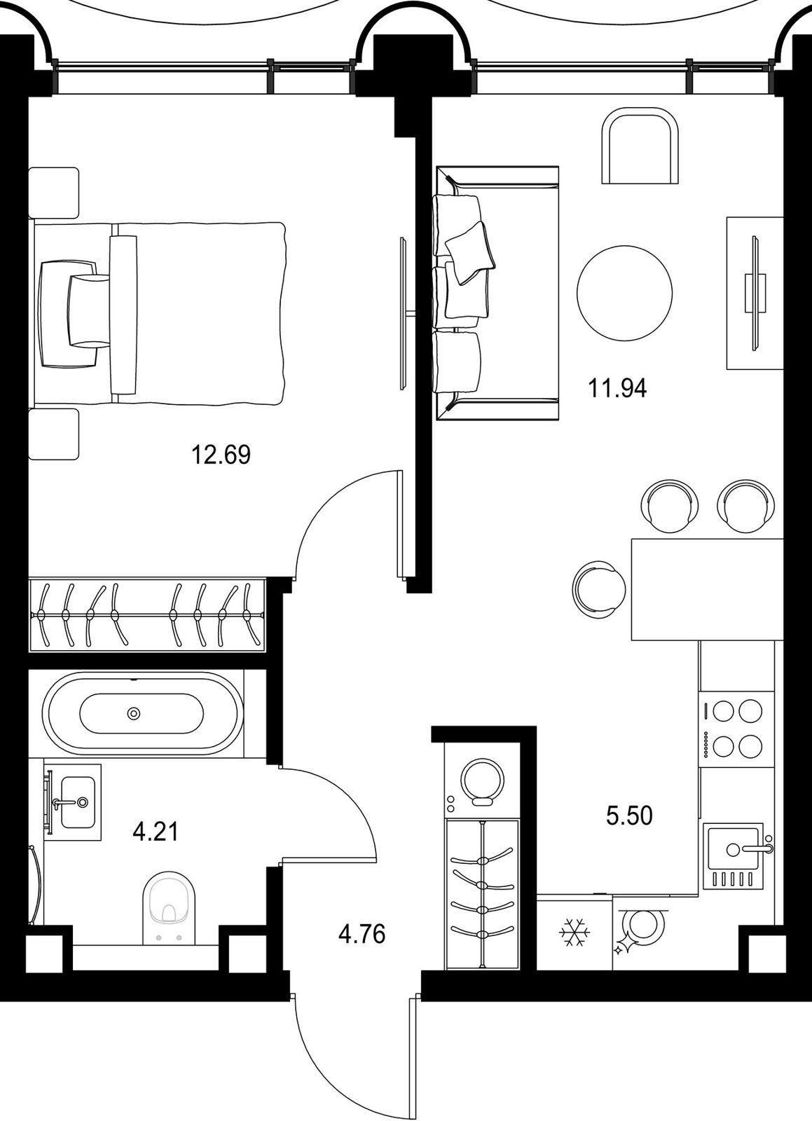 1-комнатная квартира, 39,1 м²