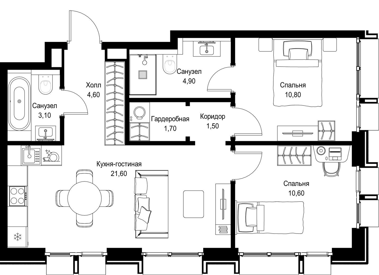 2-комнатная квартира, 58,8 м²
