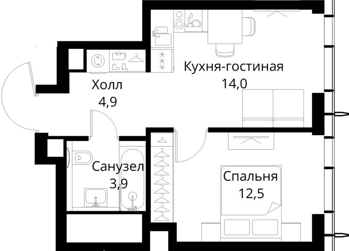 1-комнатная квартира, 35,3 м² — фото 1