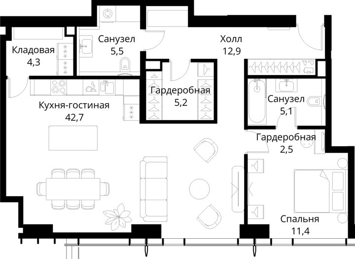 1-комнатная квартира, 89,6 м² — фото 1