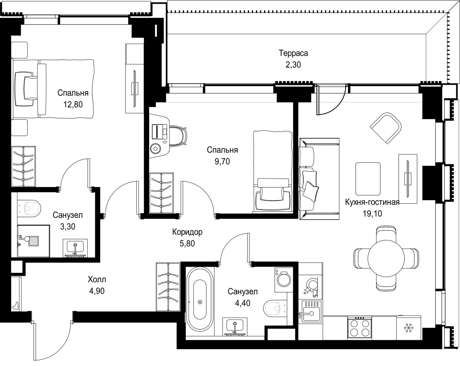 2-комнатная квартира, 62,3 м²