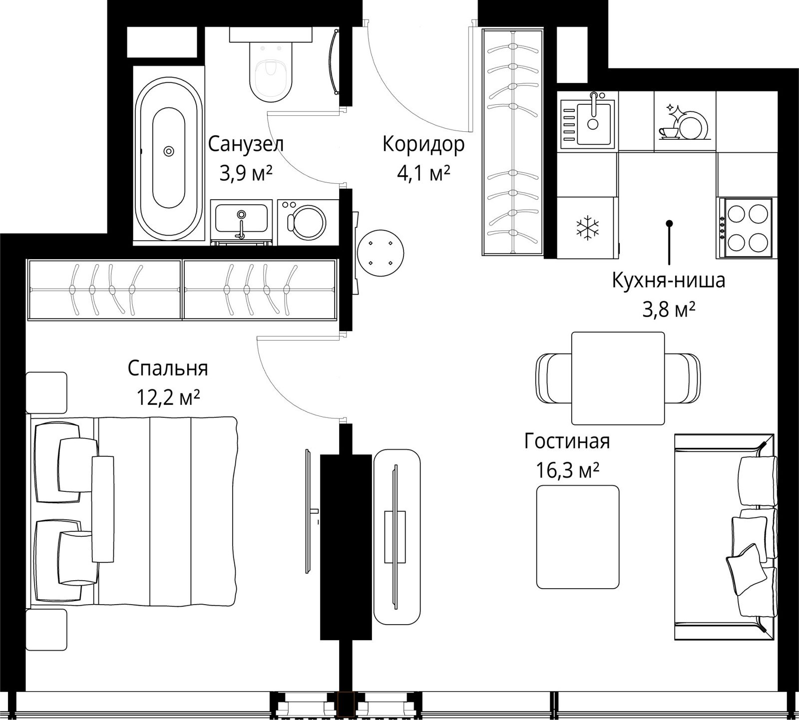 1-комнатная квартира, 40,3 м²