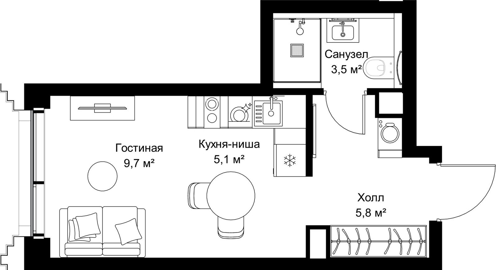 Квартира-студия, 24,1 м²