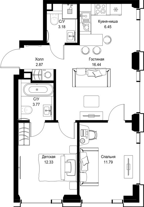 2-комнатная квартира, 56,8 м²