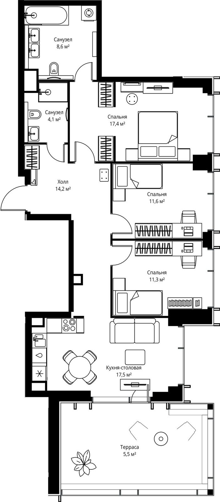 3-комнатная квартира, 90,2 м²