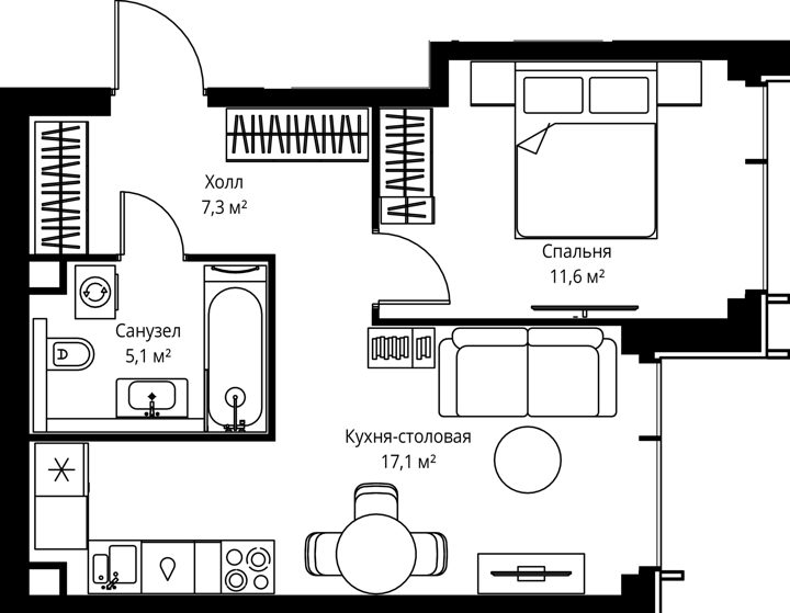 1-комнатная квартира, 41,1 м²