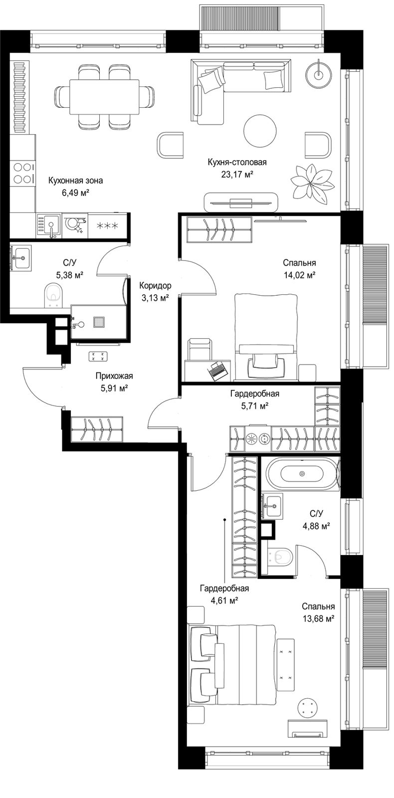 2-комнатная квартира, 87 м²