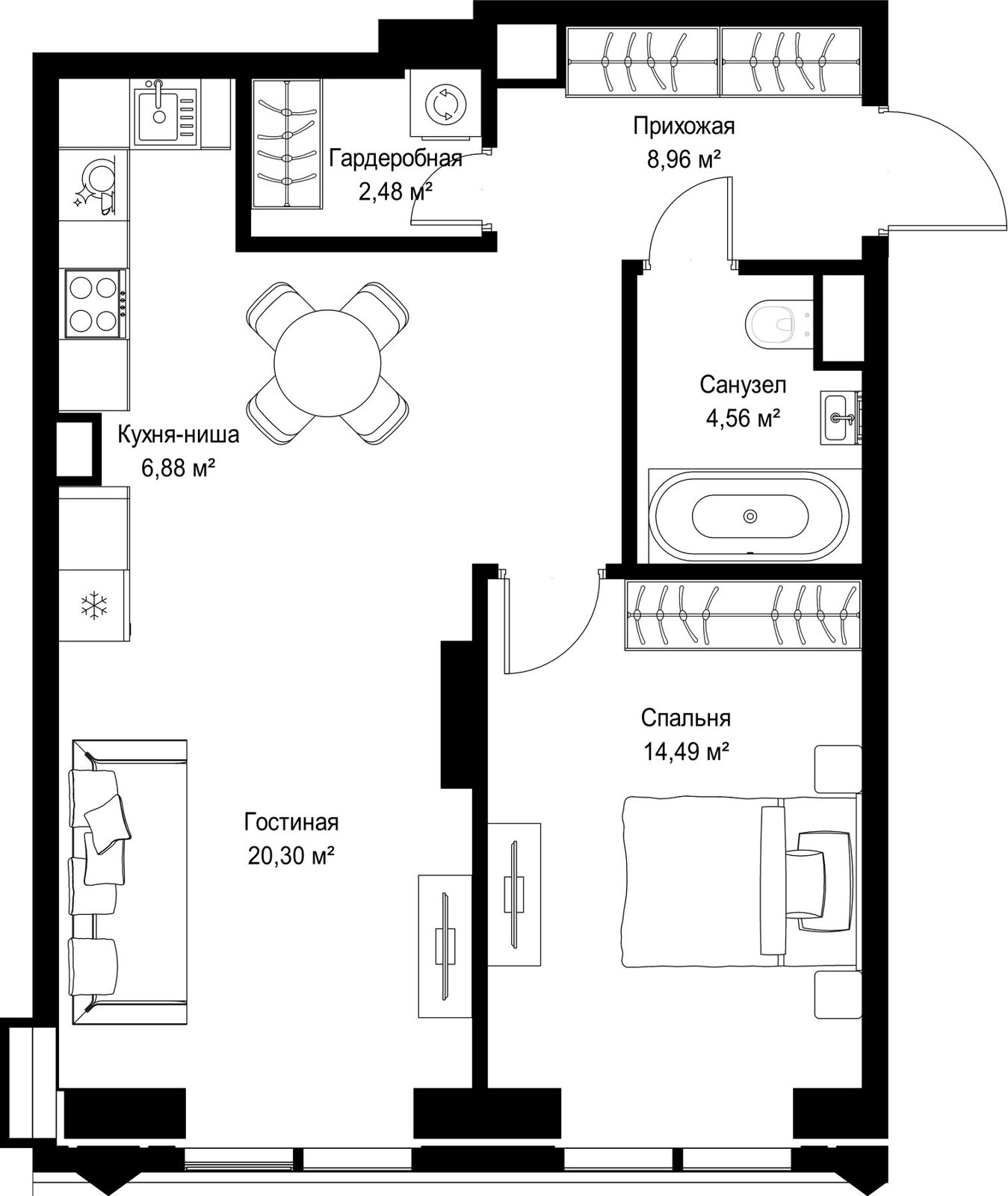 1-комнатная квартира, 57,7 м²