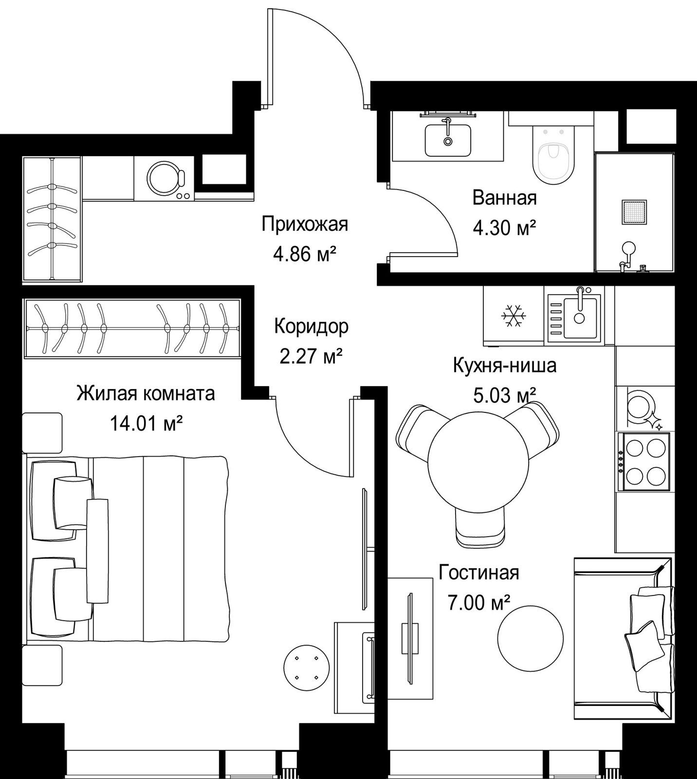1-комнатная квартира, 37,5 м²