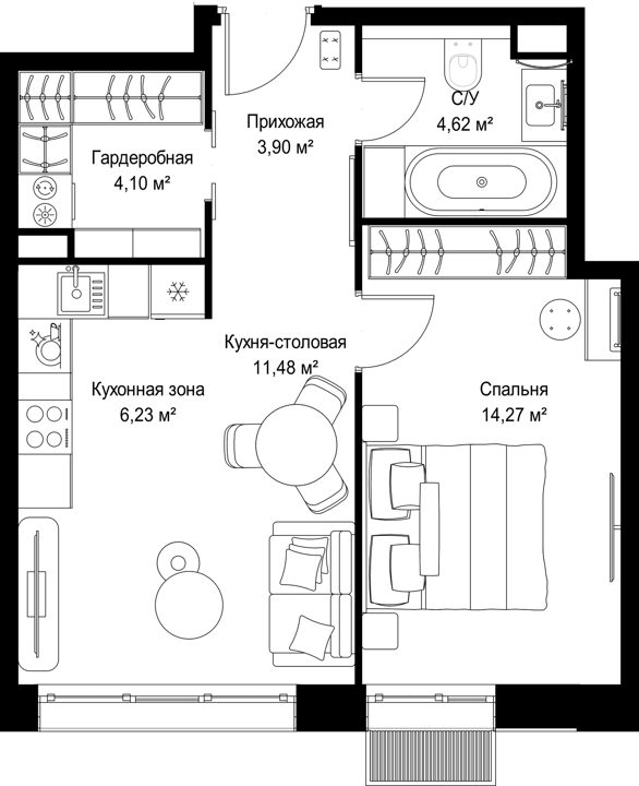 1-комнатная квартира, 44,6 м² — фото 1