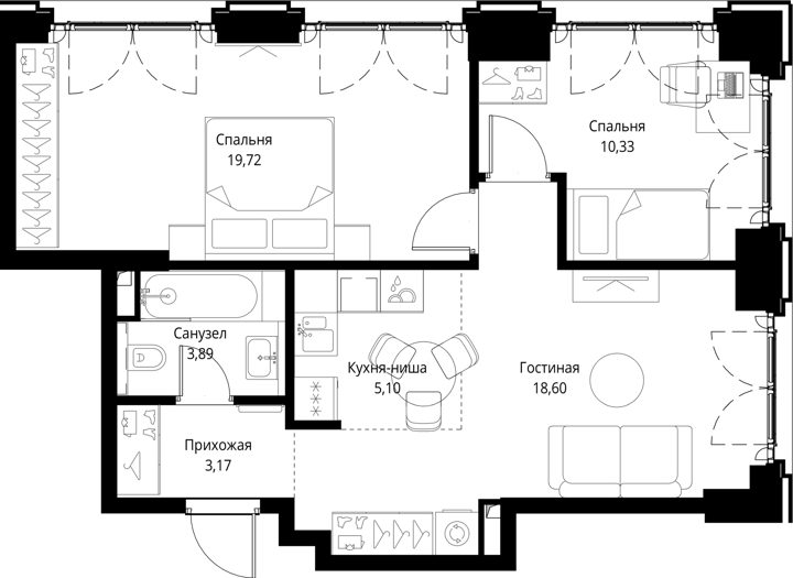 2-комнатная квартира, 60,8 м² — фото 1