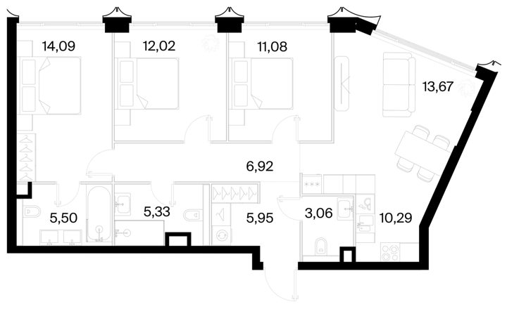 3-комнатная квартира, 87,9 м²