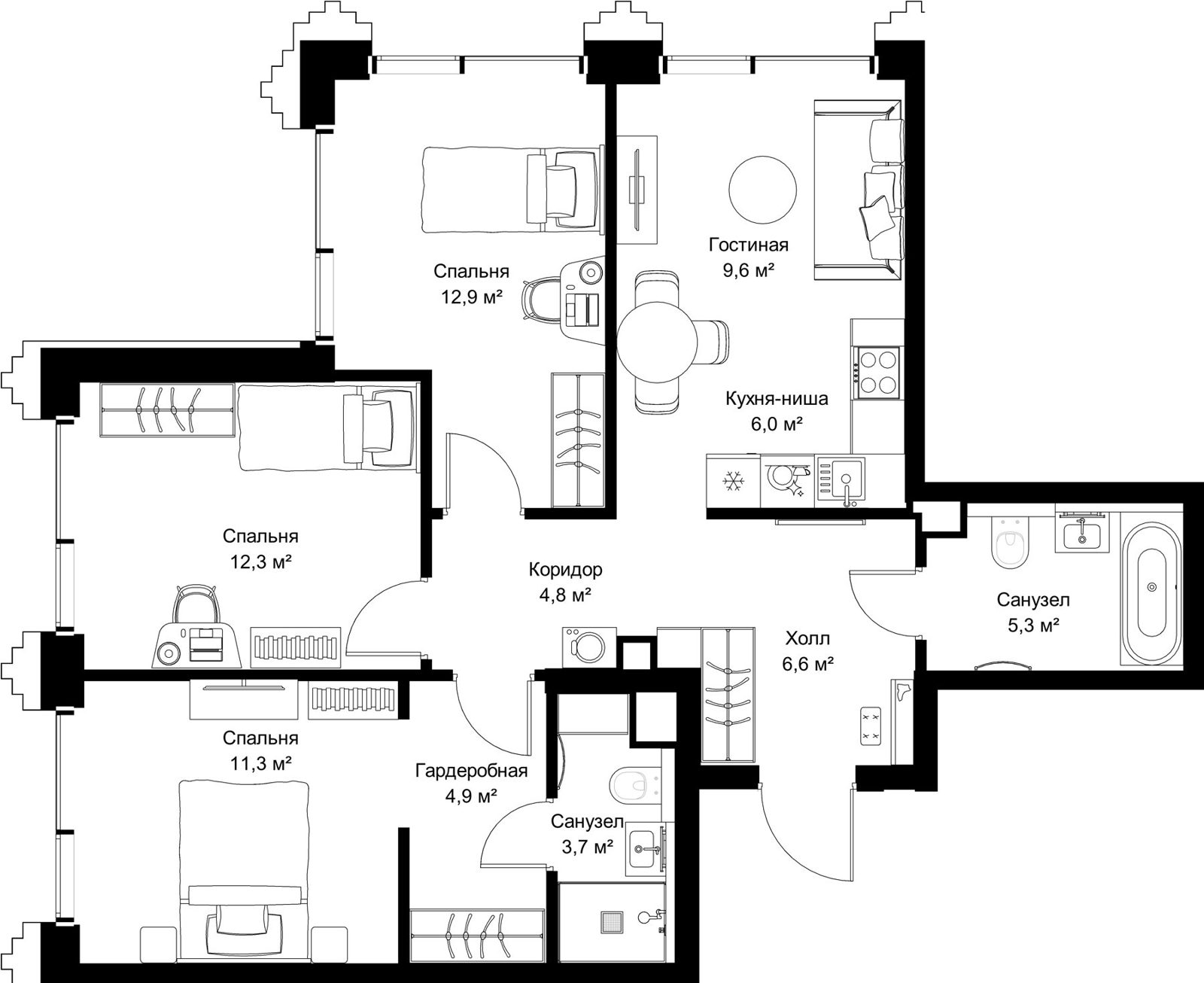 3-комнатная квартира, 77,4 м²