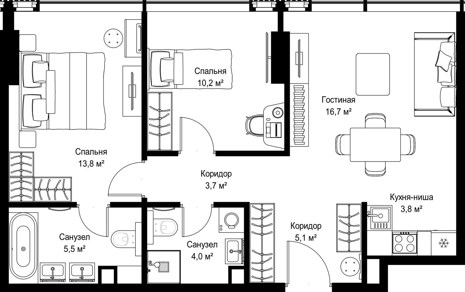 2-комнатная квартира, 62,8 м²
