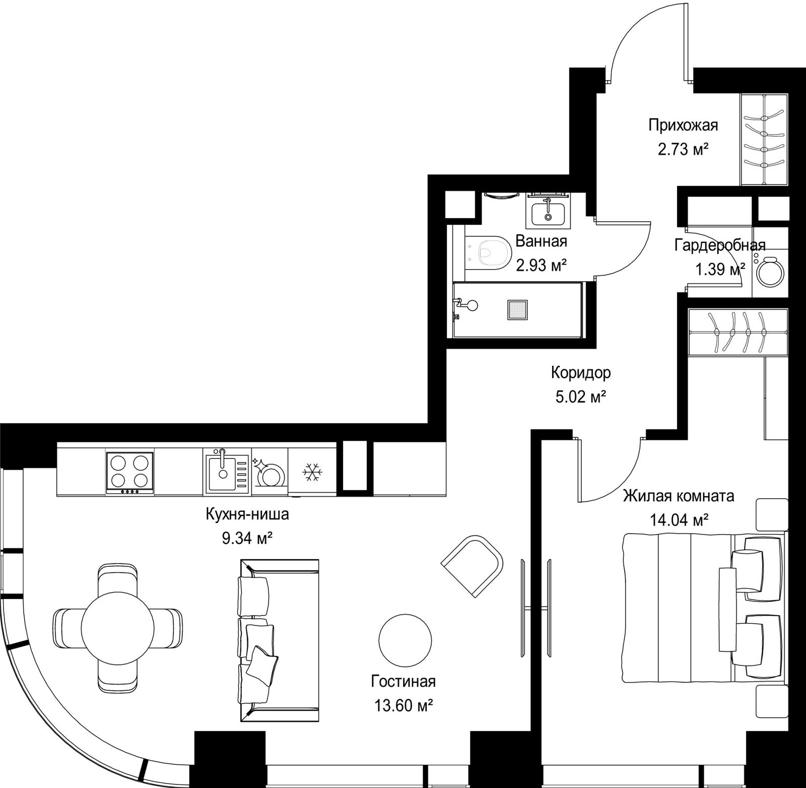 1-комнатная квартира, 49 м²
