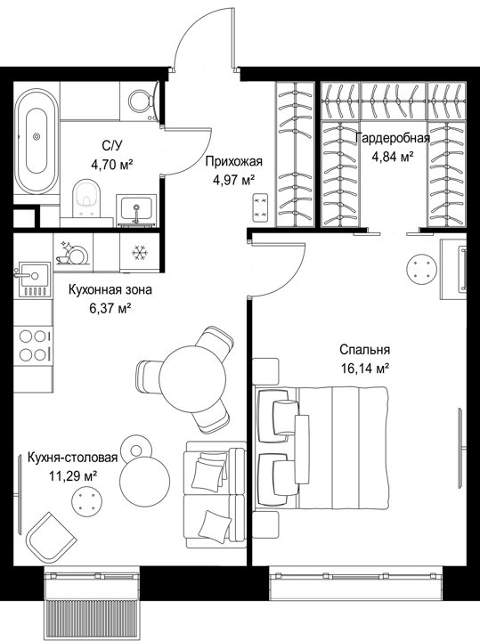 1-комнатная квартира, 48,3 м² — фото 1