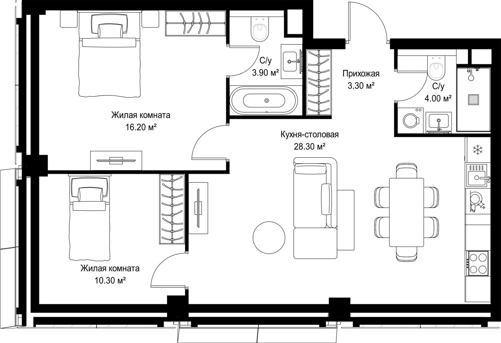 2-комнатная квартира, 66 м²