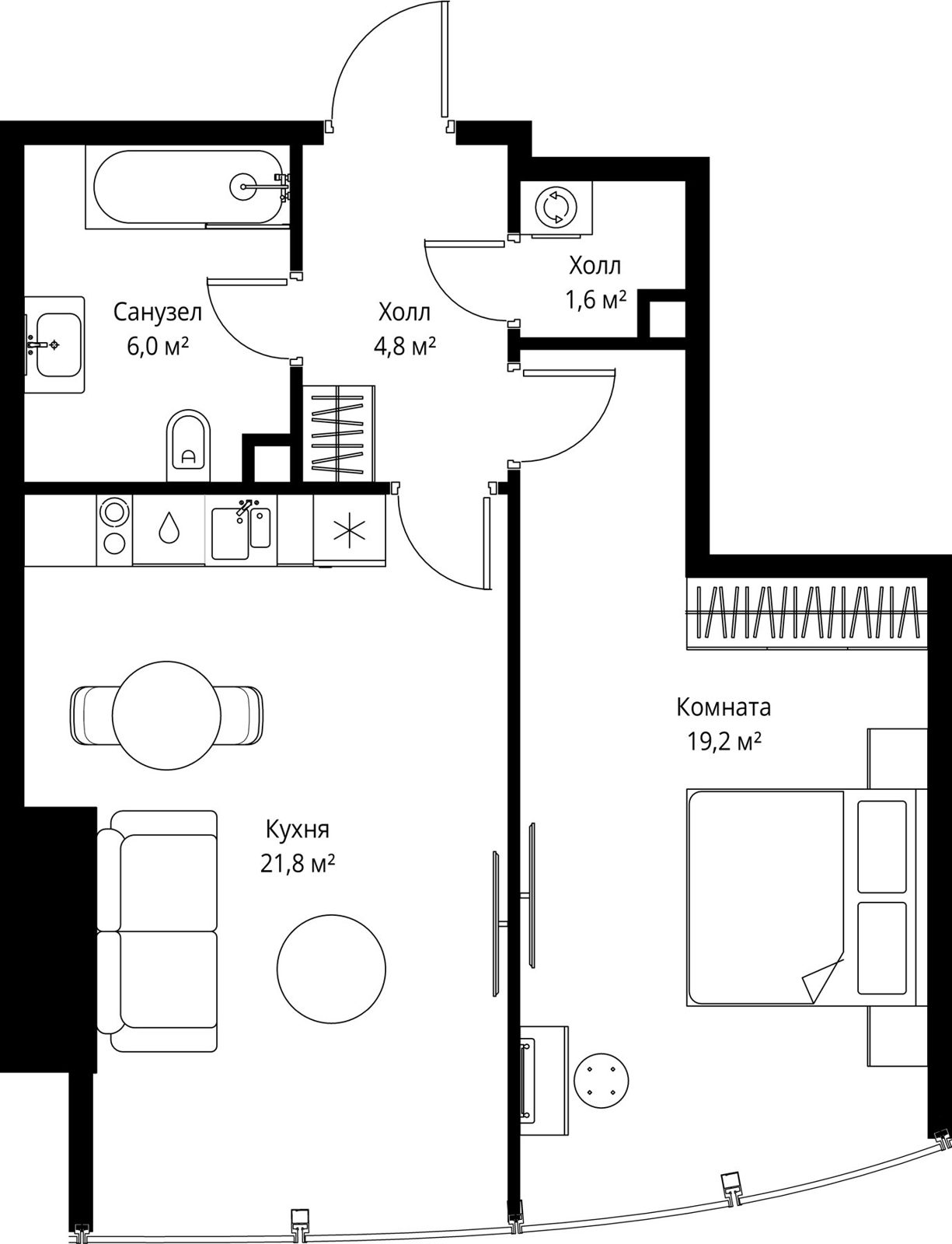 1-комнатная квартира, 53,4 м²