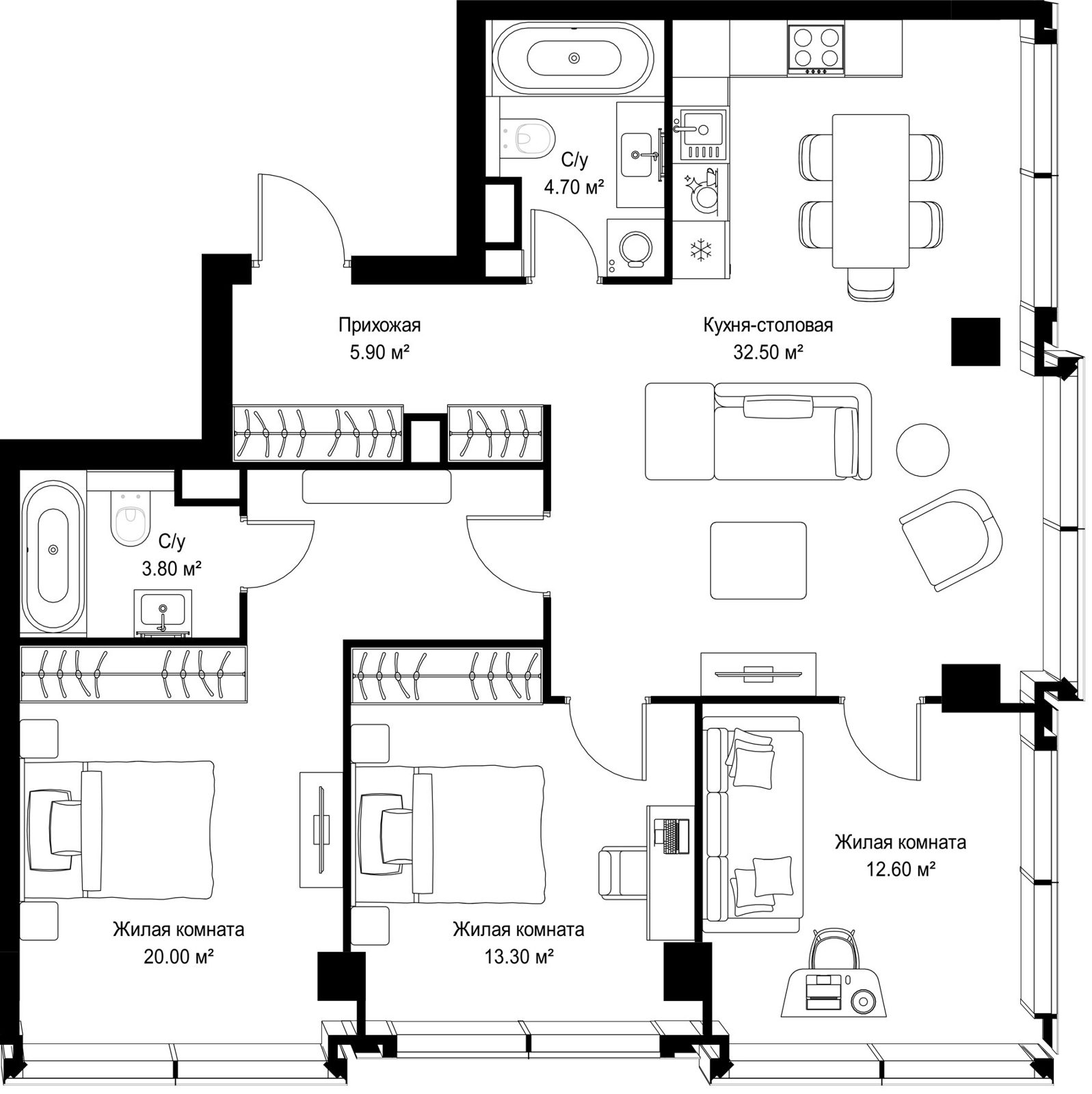 3-комнатная квартира, 92,8 м²