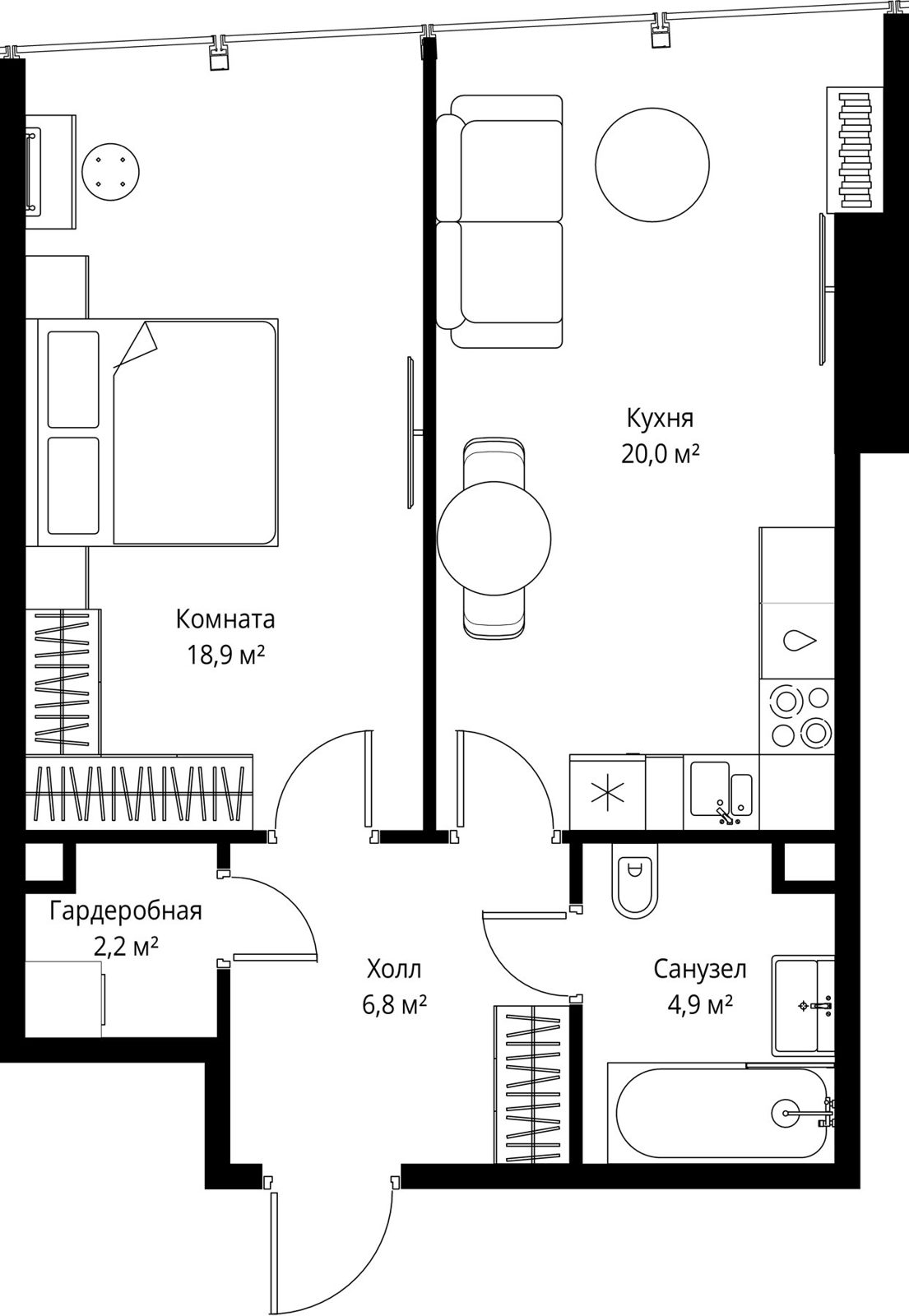1-комнатная квартира, 52,8 м²