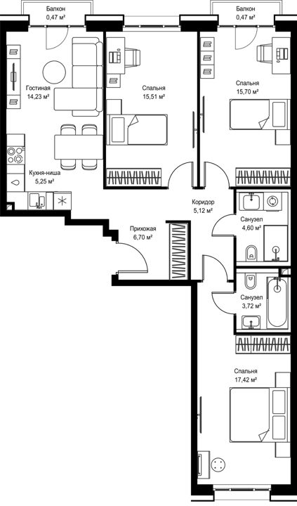3-комнатная квартира, 88,4 м² — фото 1