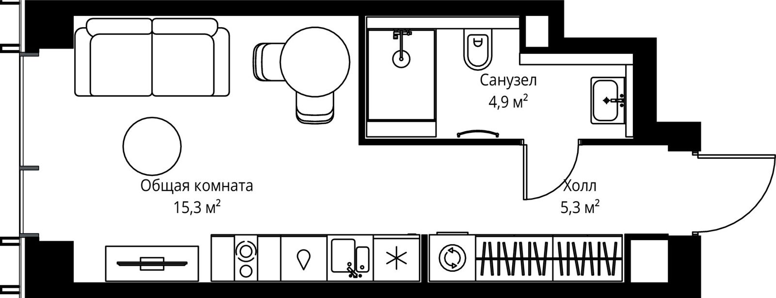 Квартира-студия, 25,5 м²