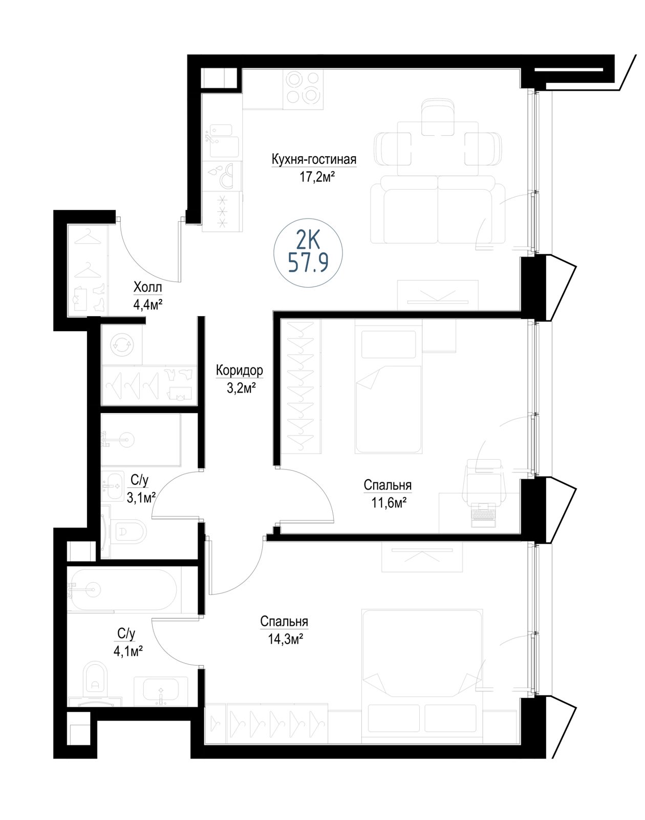 2-комнатная квартира, 57,1 м²