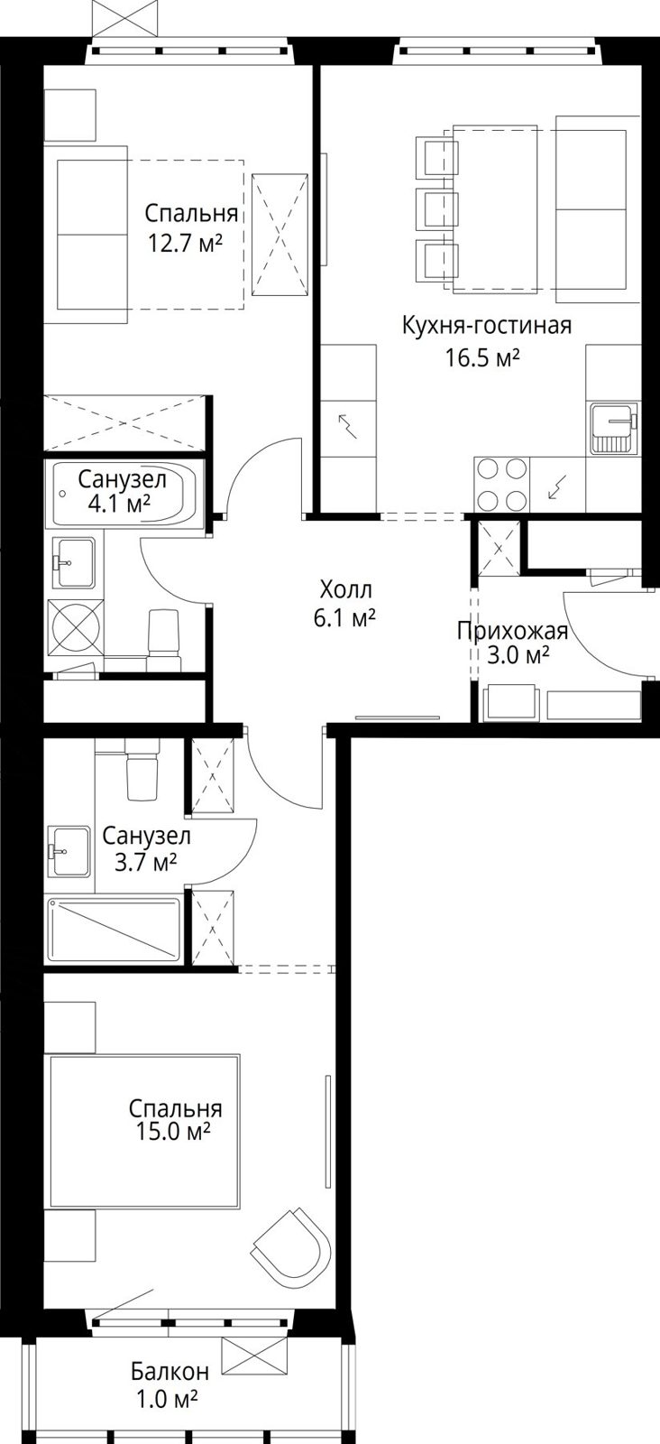2-комнатная квартира, 62,1 м²
