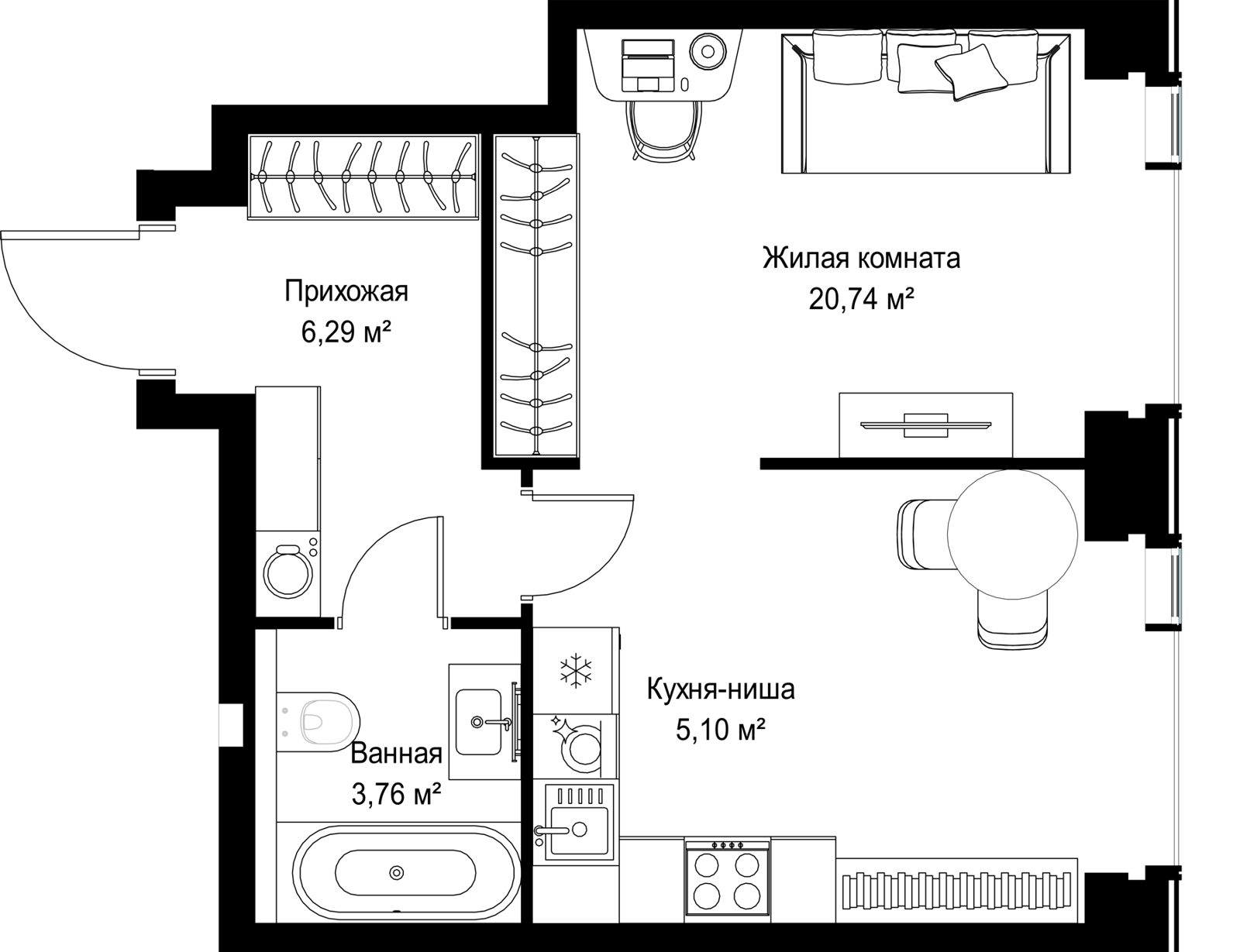 1-комнатная квартира, 35,9 м²