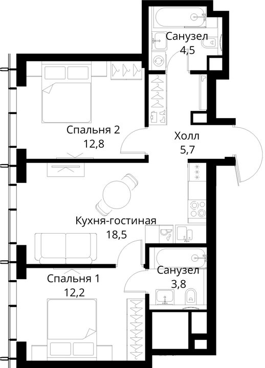 2-комнатная квартира, 57,5 м² — фото 1