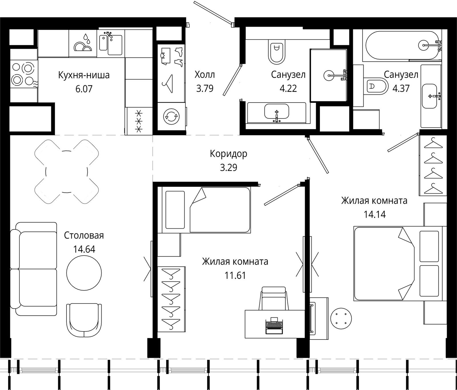 2-комнатная квартира, 62,1 м²