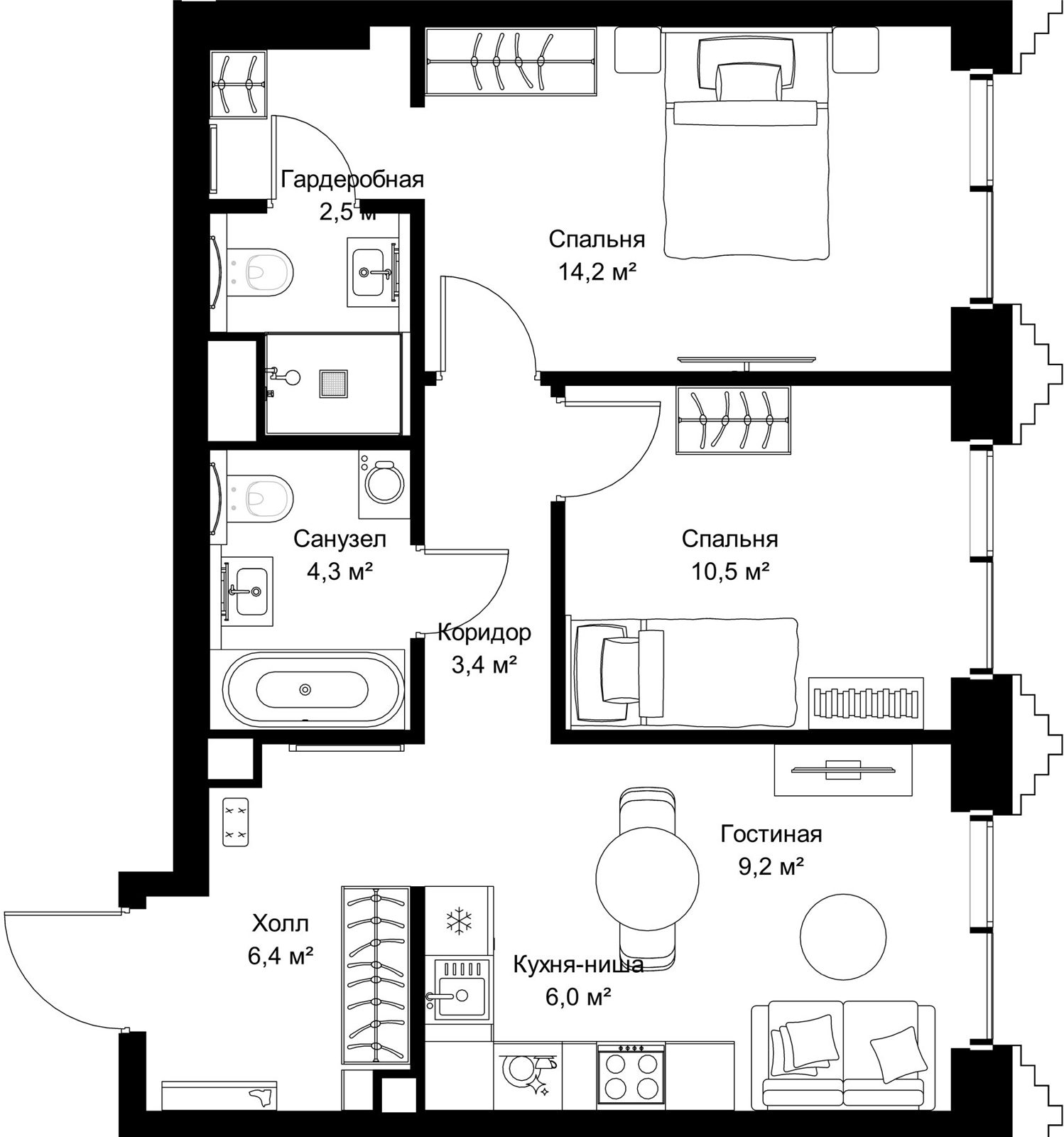 2-комнатная квартира, 59,5 м²