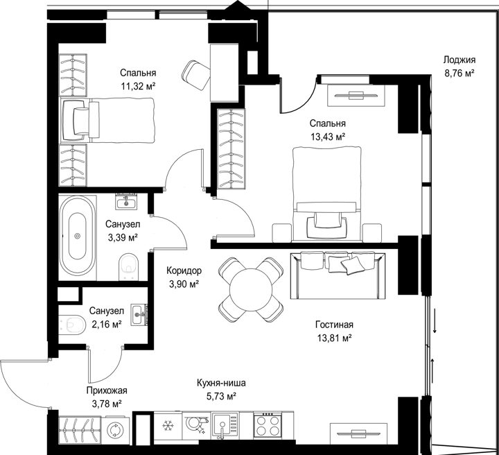 2-комнатная квартира, 66,3 м²