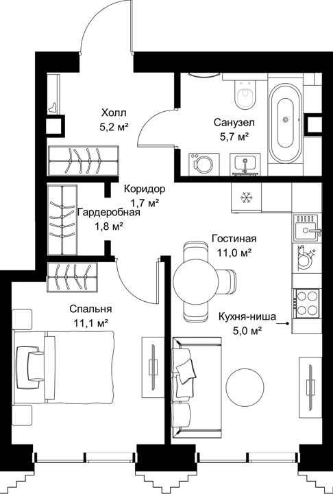 1-комнатная квартира, 41,5 м²